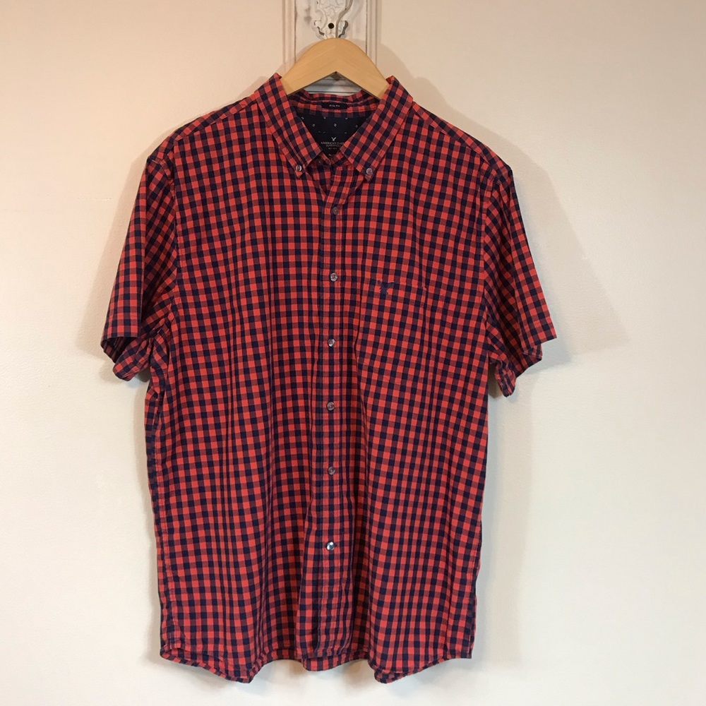 American Eagle Red and Navy Slim Fit Button Up